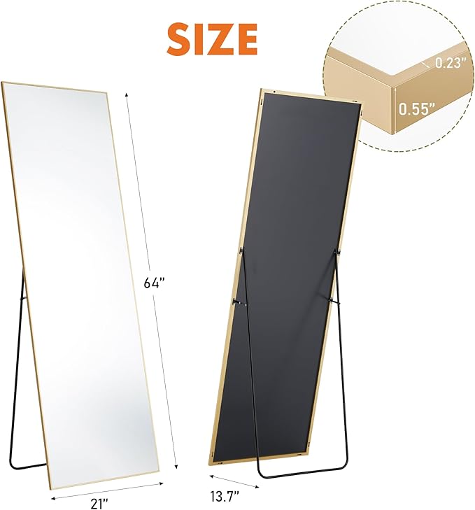 DUMOS Full Length Mirror 64"x21" Full Body Floor Mirror for Bedroom or Cloakroom, Can Stand Alone, Hang or Lean Against Wall, Tall Wall Mirror with Stand, Gold