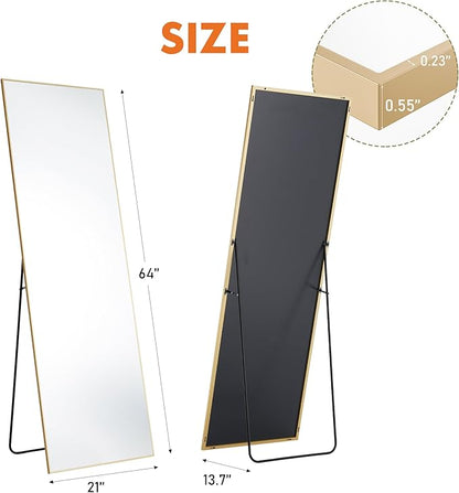 OLIXIS 64"x 21.5" Mirror Full Length, Full Body Mirror with Stand, Hanging or Leaning for Wall, Floor Standing with Shatter-Proof Glass for Bedroom, Living Room, Long, Gold