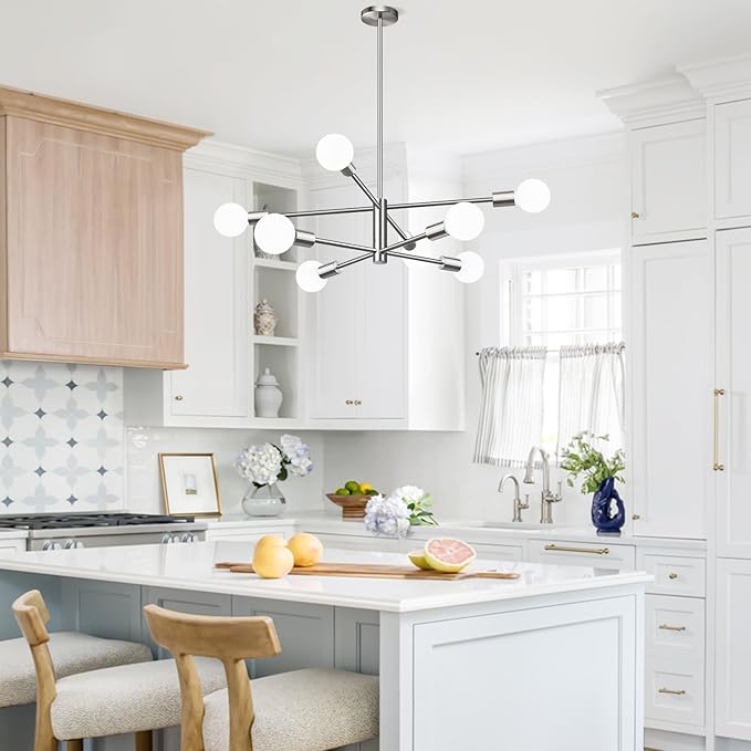 10.9"-52.3" Height Adjustable Sputnik Chandeliers Dining Room Light Fixture (8-Light, 30-Inch), Modern Brushed Nickel Chandelier, Mid Century Modern Chandeliers for Dining Room (Bulbs Not Included)