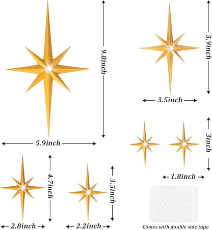BreezeHug 6 Pcs Mid Century Modern Home Decor Star Art Wall Sculpture with Rhinestone Retro 3D Plastic Star Art Wall Sculpture Bling Diamonds Decor for Home Office Bedroom Entryway(Gold)