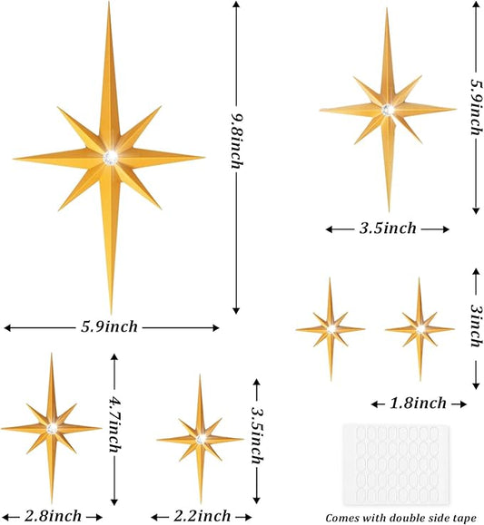 BreezeHug 6 Pcs Mid Century Modern Home Decor Star Art Wall Sculpture with Rhinestone Retro 3D Plastic Star Art Wall Sculpture Bling Diamonds Decor for Home Office Bedroom Entryway(Gold)