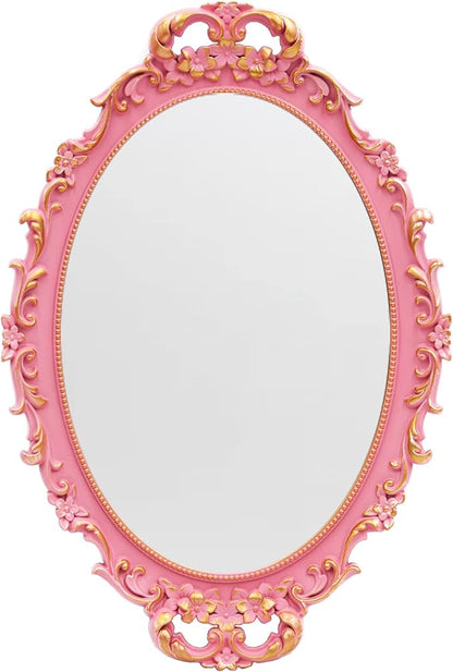 Tstarer Vintage Decorative Pink Framed Mirror, Wall Hanging Mirrors & Tabletop Tray for Bedroom Living Room Dresser Decor, Oval- 9.6" W x 14.3" L (Pink)