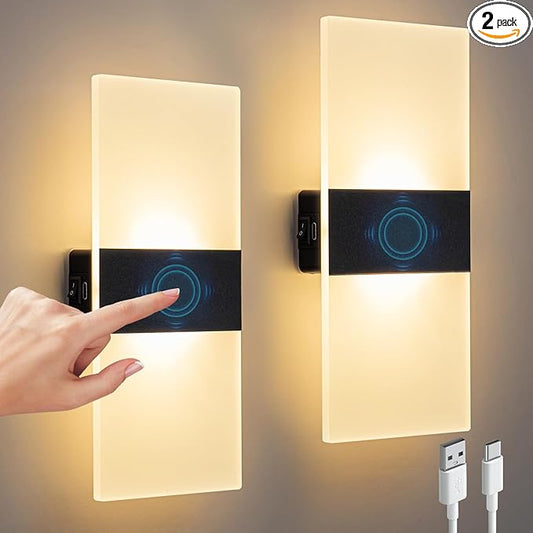 Wall Sconce Battery Operated Set of 2, 4000mAh Rechargeable Wall Lights with Touch Control, Wireless Wall Lamps for Bedroom, Night Lights for Hallway Stairway Porch Closet