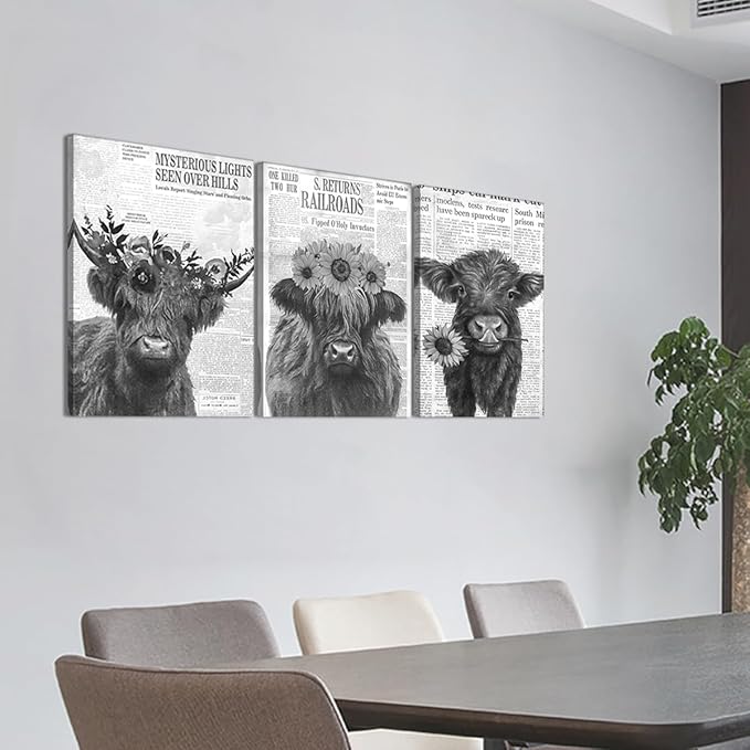Newspaper Cow Canvas Wall Art Black and White Retro Highland Cow Picture for Bathroom Wall Decor Funny Floral Animal Print Artwork for Country House Living Room Bedroom Decoration 20x28inchx3pcs