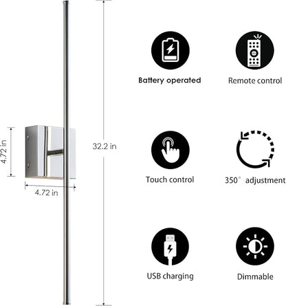 KARTOOSH Battery Operated Wall Sconces with Remote Control, Dimmable Wall Sconces Set of Two, 350°Rotate, 3000K LED Chrome Wireless Wall Light for Living Room, Hallway, Bedroom, 32.2 Inch (2 Pack)