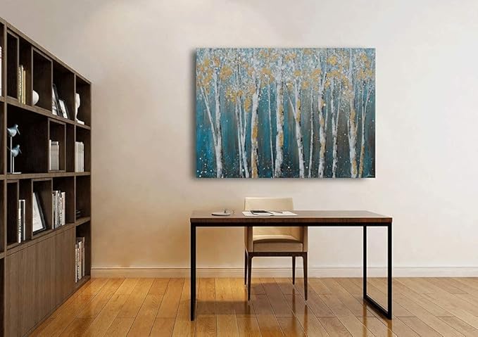 Yihui Arts Canvas Wall Art White Grey Birch Trees Branches Painting Gold Foil Leaves Pictures, Modern One Framed Large Size for Living Room Bedroom Home Office Decor
