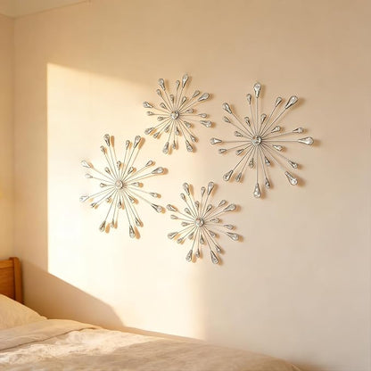 ZEXUIRU 4 Pcs Silver Starburst Wall Decor Metal Bling Wall Art Crystal Accents 3D Modern Decoration Glam Hanging Sculptures for Living Room Bedroom Office Teen Girl Room – Easy to Hang Home Decor Set