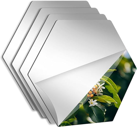 LXCREAT Hexagon Mirror Stickers for Walls 7.8x7.8 Inch 4PCS Peel and Stick Self Adhesive Acrylic Mirrors Tiles 2mm Thick Stick on Wall Mirrors Bathroom Gym Home Decorative