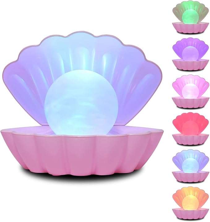 LKUA Shell Pearl Beach Themed Night Light, RGB 8 Colors Changing Mood Shell Pearl Lamps, Bedside LED Clamshell Portable Night Lights for Bar (Pink)