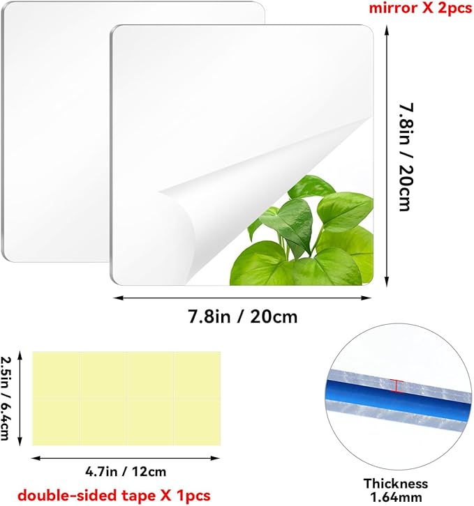yuntop 2 Pack Self Adhesive Acrylic Mirror, 2MM Flexible Plastic Mirror, Shatterproof PS Frameless Wall Mirror for Bathroom Vanity and Entryway (8 x 8 inch)