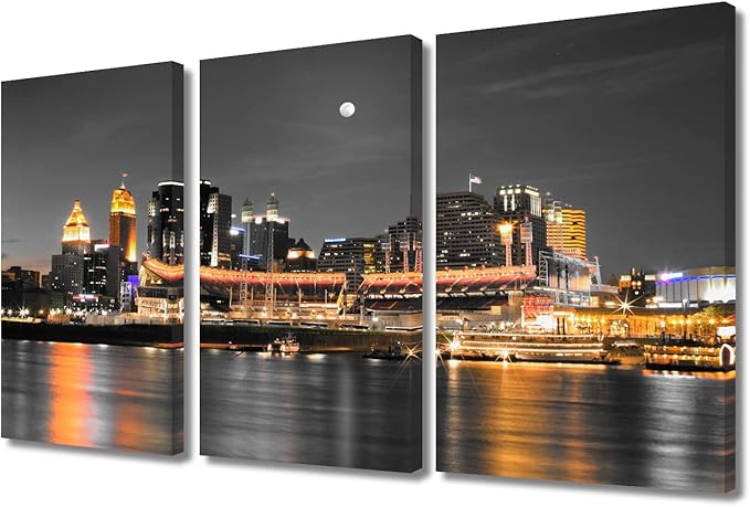 TUMOVO 3 Panel Cincinnati Ohio City Skyline Canvas Wall Art American Skyscrapers Cityscape Pictures Posters and Prints Wall Decor for Bedroom House Decor Framed Ready to Hang (36" Wx24 H)