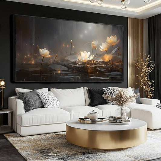 Flower Wall Decor Living Room Decor Modern Artwork 24"x 48" Gold and White Wall Art Floral Large Black Framed Plants Paintings Room Decor