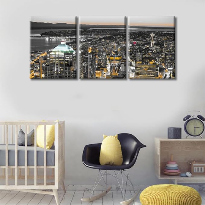 TUMOVO American Cityscape Canvas Paintings Wall Art 3 Pieces Downtown Seattle Skyline in Seattle Washington Skyscrapers Bedroom Decor Wall Art Framed Ready to Hang (36" Wx16 H)