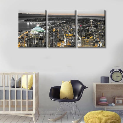 TUMOVO American Cityscape Canvas Paintings Wall Art 3 Pieces Downtown Seattle Skyline in Seattle Washington Skyscrapers Bedroom Decor Wall Art Framed Ready to Hang (36" Wx16 H)