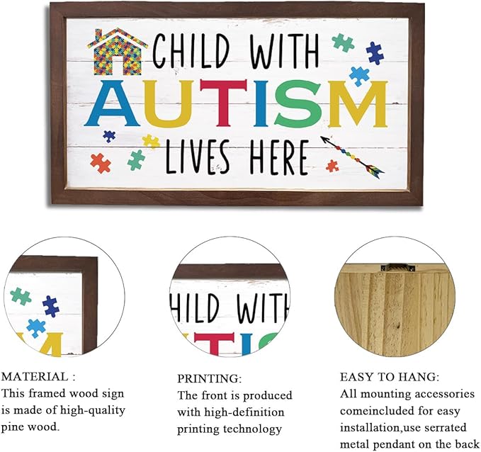 Autism Awareness Wood Sign, Decorative Wooden Wall Plaque, Autistic Decoration for Home Indoor Outdoor, Rustic Farmhouse Wall Decor, Child With Autism Lives Here Sign, 15×7.5×0.3 inches