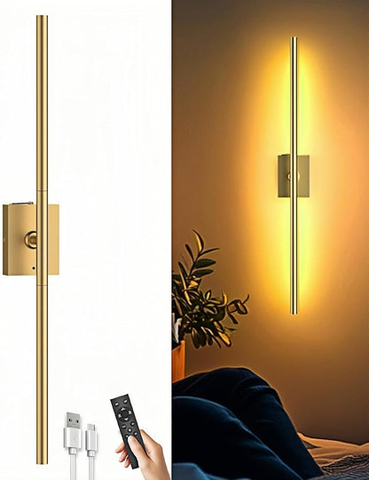 iThird 1 Pack Battery Operated Wall Sconce, Wireless Battery Wall Sconce with Remote Control, Gold LED Rechargeable Sconces, 31.5 Inch Modern Cordless Wall Lights for Bedroom Living Room Picture