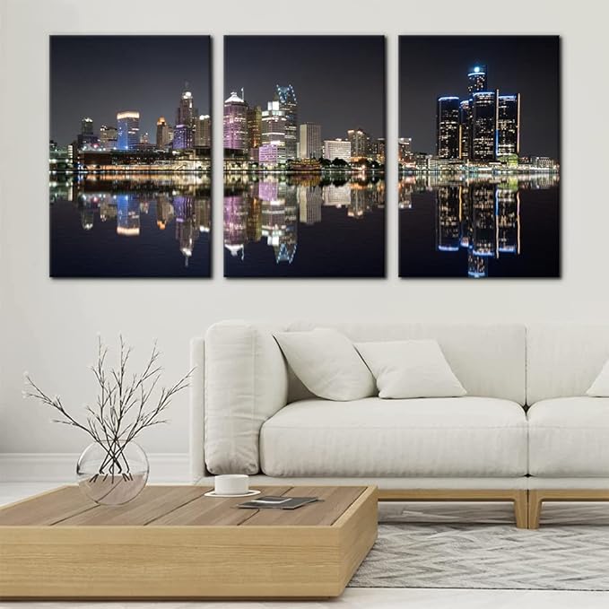 Pacimo 3 Pieces Panoramic Detroit Cityscape Picture Black and White Michigan Night Skyline Canvas Art Prints Wall Decoration for Bedroom Office Stretched and Framed Ready to Hang - 16"x24"x3 Panels