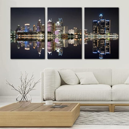 Pacimo 3 Pieces Panoramic Detroit Cityscape Picture Black and White Michigan Night Skyline Canvas Art Prints Wall Decoration for Bedroom Office Stretched and Framed Ready to Hang - 16"x24"x3 Panels