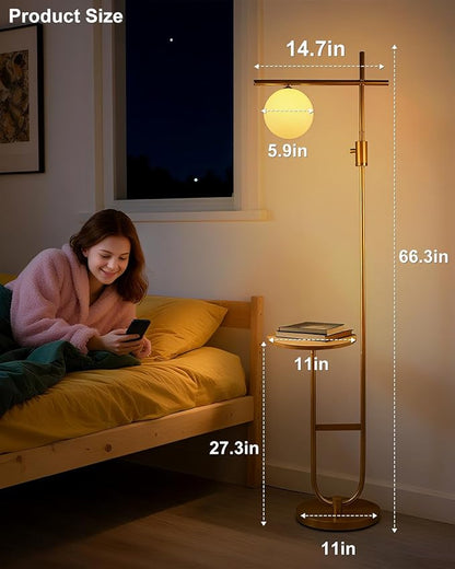 Lightdot 66IN Gold Dimmable Floor Lamps with Table, Modern Standing Tall Lamp with Globe Lampshade, Cross-Shaped Lamp Head U-Pole Base for Living Room/Bedroom/Sofa Beside/Corner Decor(Bulb Included)