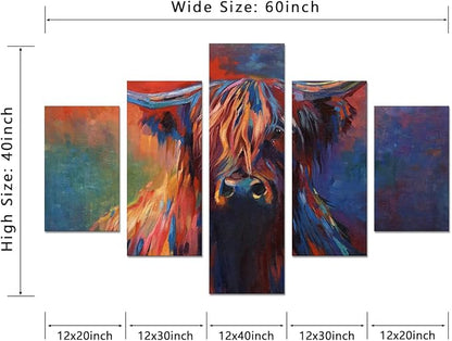 Highland Cow Canvas Wall Art Cow Pictures Modern Abstract Oil Painting on Canvas 5 Panels for Home Decor Living Room, Framed 60L x 40W