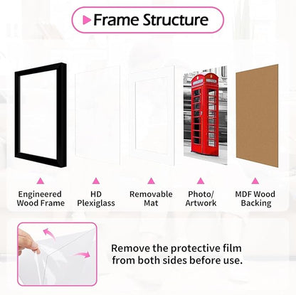 11x14 Picture Frame Set of 8, Black Photo Frames for Gallery Wall Mounting, Display Pictures 8x10 with Mat or 11x14 Without Mat, Poster Frames with Plexiglass for Home Office Decor
