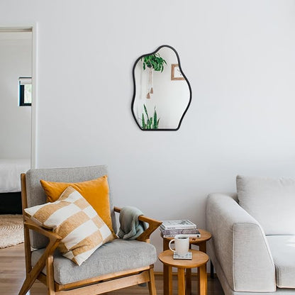 Asymmetrical Wall Mirror with Wood Frame Irregular Modern Hanging Mirror for Wall for Vanity Living Room Bedroom Bathroom Entryway Hallway Modern Unique Decorative Artistic Mirror