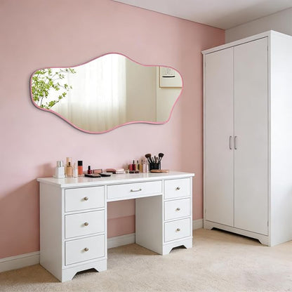 Large Irregular Mirror, 54.5"x24" Asymmetrical Tempered Glass Mirror, Pink Modern Organic Frameless Mirrors for Living Room Bedroom Hallway Entryway, Horizontal or Vertical Hanging