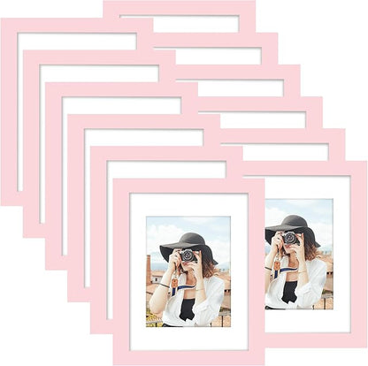 Picrit 8x12 Picture Frame Set of 12, Display 6x8 with Mat or 8x12 without Mat, Photo Frames for Wall Mounting or Table Top Display, Pink