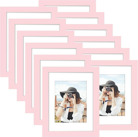 Picrit 8x12 Picture Frame Set of 12, Display 6x8 with Mat or 8x12 without Mat, Photo Frames for Wall Mounting or Table Top Display, Pink