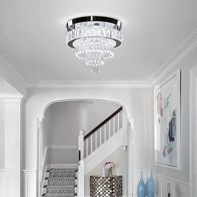 11.8" Dimmable Crystal Chandelier Crystal Ceiling Light Modern Chandeliers Flush Mount Ceiling Light Lamp Fixture for Dining Room Living Room Bedroom Hallway Remote Control