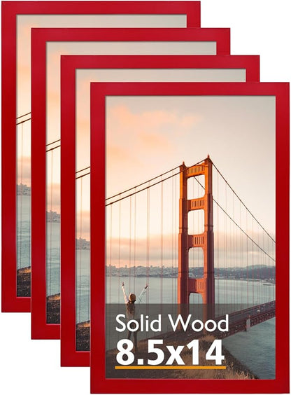 KINLINK 8.5x14 Picture Frames Red, Solid Wood Frames with Acrylic Plexiglass for 8.5x14 without Mat, Tabletop and Wall Display Photo Frame, 4 Pack