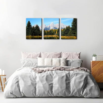 Pacimo 3 Pieces Canvas Art Wall Decor Grand Teton National Park Pictures Natural Landscape Painting Pond Prints on Canvas Modern Artwork Stretched and Framed Ready to Hang - 12" x 16" x 3