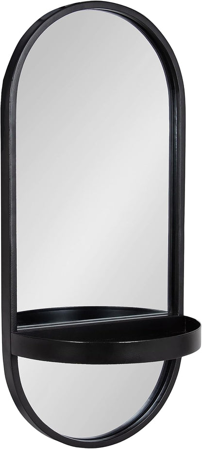 Kate and Laurel Estero Modern Metal Oval Mirror with Rounded Shelf; 11 x 25; Black; Decorative Contemporary Capsule Shelf Mirror for Storage and Display