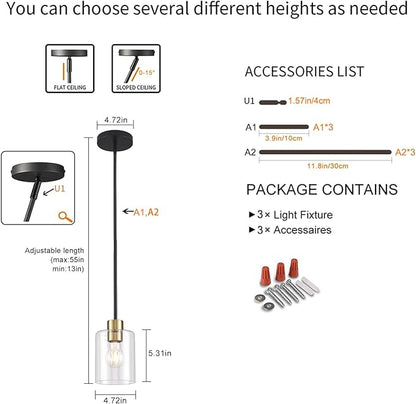 Modern 3 Pack Black Gold Pendant Lights for Kitchen Island, Brushed Brass Modern Hanging Light with Clear Glass Shade, Adjustable Metal Rod Pendant Lighting for Dining Room, Living Room, Bar, Entryway