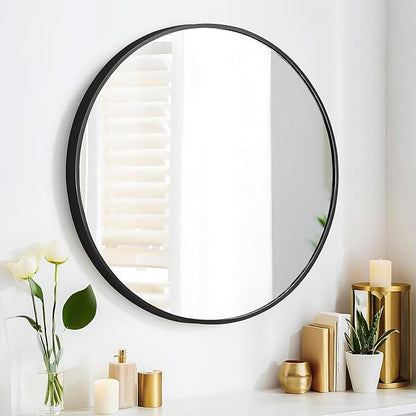 SCWF-GZ 24" Round Mirror Circle Wall Mounted Hanging or Against Wall Aluminum Alloy Metal Frame Dressing Make-up Mirrors for Entryway Bedroom Bathroom Living Room 24 inch Black