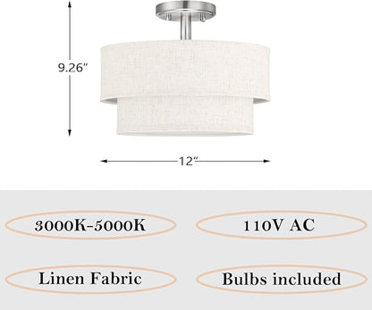 12 Inch LED 18W Adjustable 3000/4000/5000 Brushed Nickel Double Drum Linen Fabric Shade Semi Flush Mount Close to Ceiling Light Fixture for Bedroom,Living Room,Dining Room Hallway
