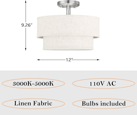 12 Inch LED 18W Adjustable 3000/4000/5000 Brushed Nickel Double Drum Linen Fabric Shade Semi Flush Mount Close to Ceiling Light Fixture for Bedroom,Living Room,Dining Room Hallway
