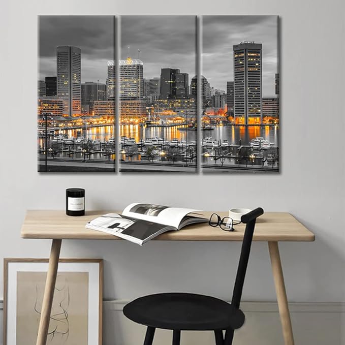 TUMOVO Baltimore Skyscrapers Cityscape Wall Decor for Bedroom 3 Piece American City Skyline Wall Decor Living Room Baltimore Architecture Posters and Prints Framed Ready to Hang (36" Wx24 H)