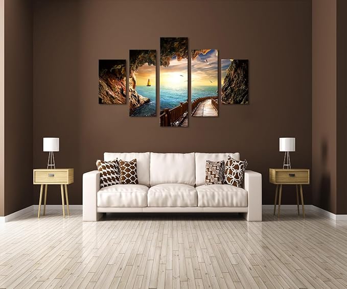 Beautiful Landscape Sunset Seagulls Stone Scene Picture Seascape Modern Pictures Painting on Canvas 5 Panel Combination Enlarge for Wall Art Living Room Home Decor Framed Stretched (60''W x 40''H)