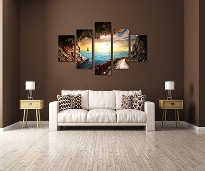 Beautiful Landscape Sunset Seagulls Stone Scene Picture Seascape Modern Pictures Painting on Canvas 5 Panel Combination Enlarge for Wall Art Living Room Home Decor Framed Stretched (60''W x 40''H)