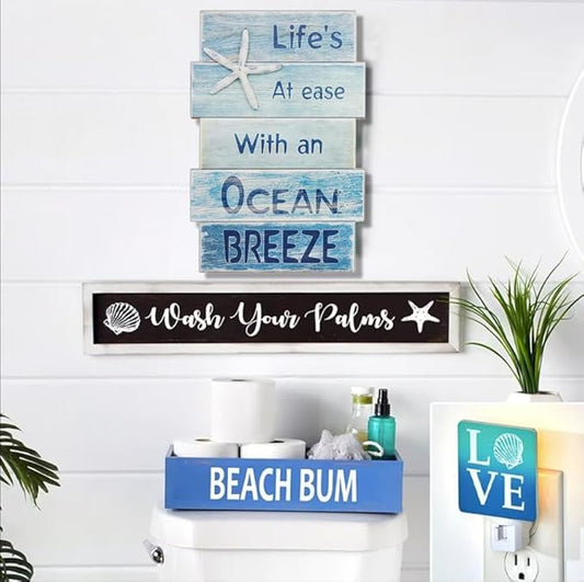 Coastal Wall Decor for Home, Beach Wall Art Wooden Hanging Sign with Starfish Element, Perfect Beach Themed Room Decor and Ocean Decor for Bathroom Bedroom Coastal Living Spaces 11.5" x 17"