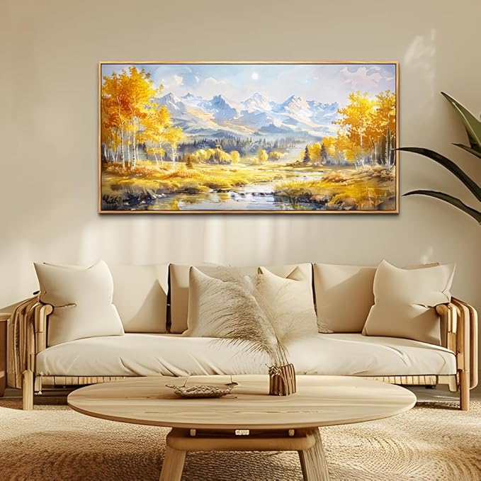 ZUITINGHUA Large Wood Framed Wall Decor For Living Room Canvas Wall Art For Office Modern Wall Decorations For Bedroom Yellow Tree Landscape Paintings Mountain Pictures Artwork Home Decor 24x48 In