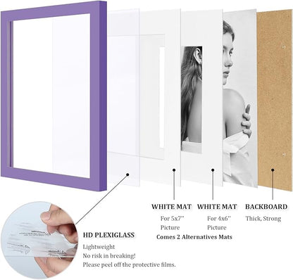 Egofine 8x10 Picture Frames 4PCS, Made of Solid Wood Display 4x6 and 5x7 with Mat Covered by Plexiglass, for Table Top Display and Wall Mounting Photo frame, Purple