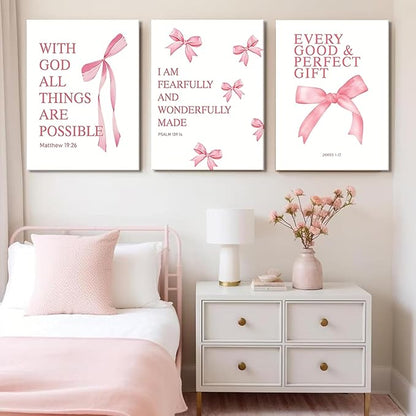 Coquette Pink Bow Canvas Wall Art Set of 3, Inspirational Bible Verses Decor Posters Pictures Prints Aesthetic for Girls Room College Apartment Living Room Bedroom Framed 12x16 Inch