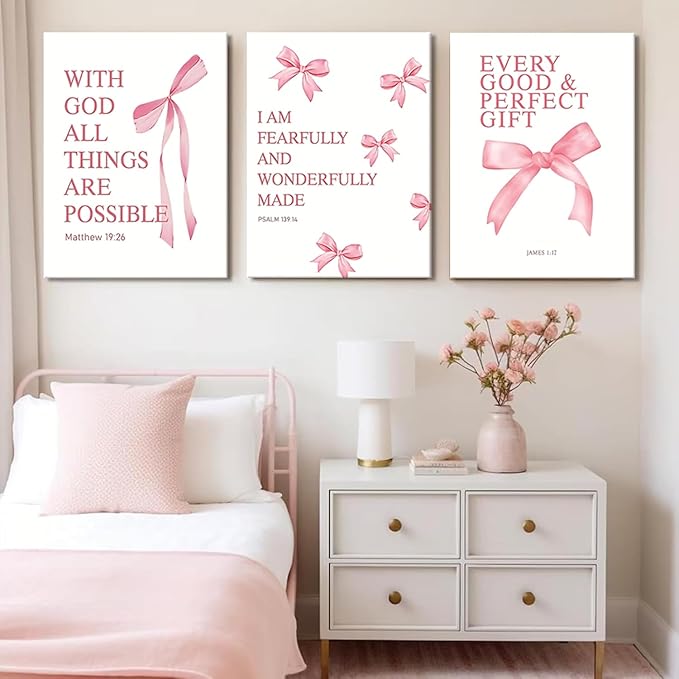 Coquette Pink Bow Canvas Wall Art Set of 3 Inspirational Bible Verses Decor Posters Pictures Prints Aesthetic for Girls Room College Apartment Living Room Bedroom Framed 16x24 Inch
