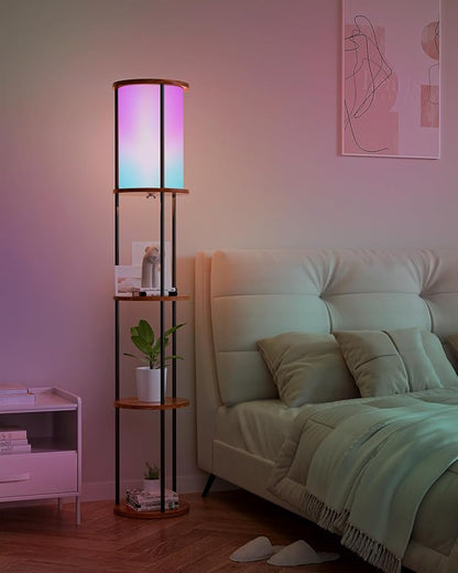 Lightdot 61" RGB Floor Lamp with Shelves, 3-Tier Storage Smart Remote Control Standing Lamp with Fabric Shade, Bulb Included, Dimmable Floor Lamps for Living Room/Sofa Beside/Corner Decor (Black)