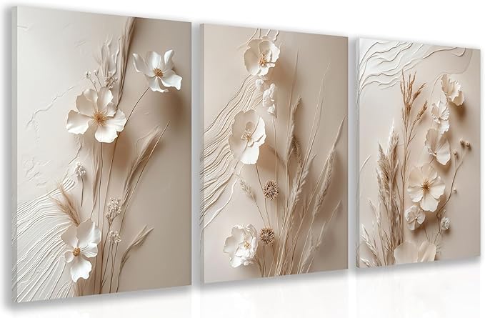 GELDSTEI Neutral Beige Floral Canvas Wall Art, Modern Minimalist Texture Botanical Wall Decor, Vintage Beige Flower Poster Prints for Living Room Bedroom Farmhouse Framed Set of 3, Each 16x24 Inch