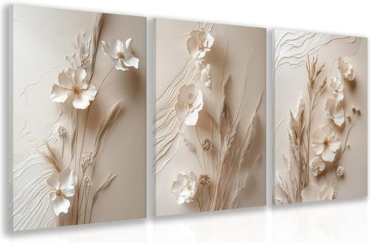 GELDSTEI Neutral Beige Floral Canvas Wall Art, Modern Minimalist Texture Botanical Wall Decor, Vintage Beige Flower Poster Prints for Living Room Bedroom Farmhouse Framed Set of 3, Each 16x24 Inch