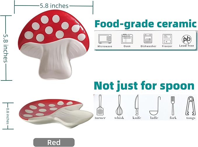 Ceramic Spoon Rest for Stove Top & Kitchen Counter Spoon Holder for Stove & Cooking Spoon Holder for Ladle Cute Spoon & Utensil Rest Tong Spatula Rest, Mushroom Kitchen Decor & Accessories (Red)