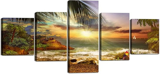 Yatsen Bridge Sea Landscape Wall Art Set Beach Waves Palm Sunset Modern Pictures Painting on Canvas Scene of Sea Artwork for Living Room Bedroom Home Decor Framed Ready to Hang - 50''W x 24''H